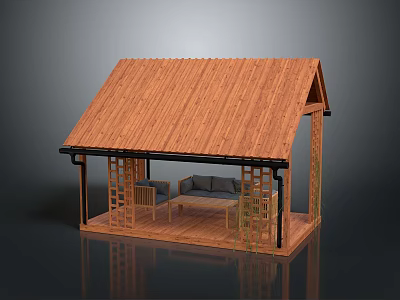 Wooden Pavilion With Shingle Roof Seating Area Sofa And Wooden Platform 3d model