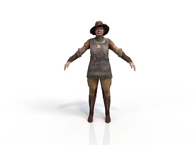 Man In Historical Costume With Decorated Vest Hat Brown Pants And Leather Boots Arms Outstretched 3d model