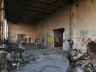 Abandoned Room With Damaged Walls Graffiti Wooden Ceiling Beams And Door Frames 3d model
