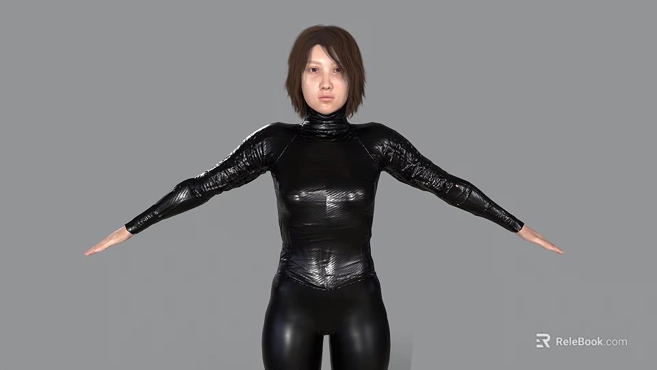 Woman In Sleek Black Leather Bodysuit With Arms Outstretched Against Gray Background 3d model 