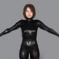 Woman In Sleek Black Leather Bodysuit With Arms Outstretched Against Gray Background