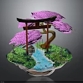 Japanese Zen Garden Scene With Red Torii Gate Pink Cherry Blossom And Stream
