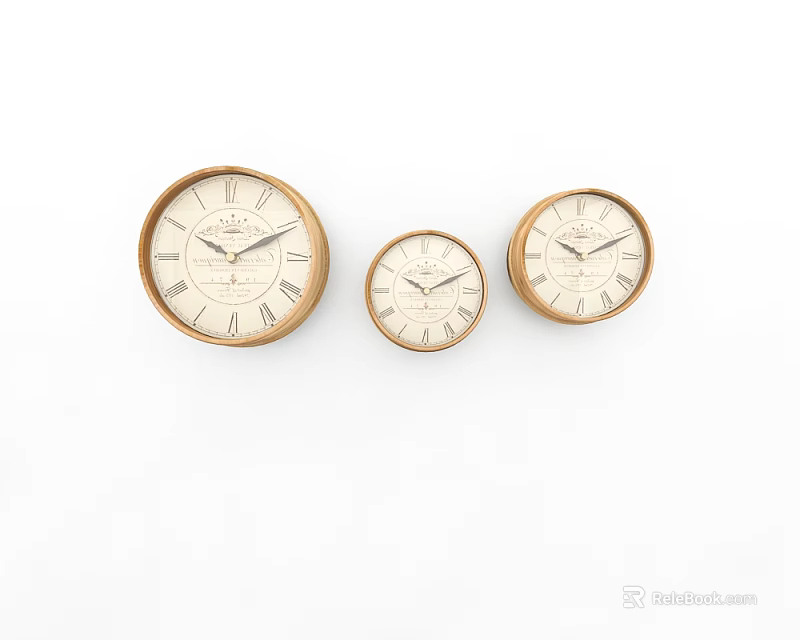 Three Golden Framed Clocks with White Dials Roman Numerals and Various Sizes Arranged 3d model 