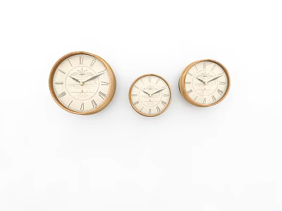 Three Golden Framed Clocks with White Dials Roman Numerals and Various Sizes Arranged 3d model