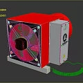 Red Cased Electronic Appliance With Black Fan Blades Power Cord And Safety Labels