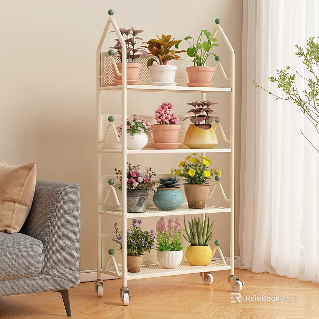 Indoor Multi tiered Flower Stand with Wheels Holding Various Potted Plants in Colorful Pots 3d model 
