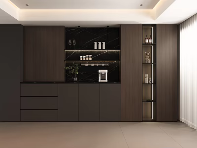 Modern Dark Wood Sideboard With Marble Countertop And Storage Cabinets In Kitchen Interior 3d model