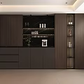 Modern Dark Wood Sideboard With Marble Countertop And Storage Cabinets In Kitchen Interior