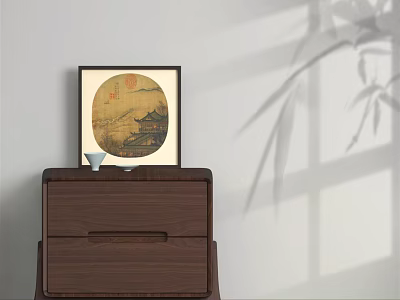 Wooden Bedside Table With Framed Circular Painting White Vase And Bamboo Shadow 3d model
