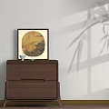 Wooden Bedside Table With Framed Circular Painting White Vase And Bamboo Shadow