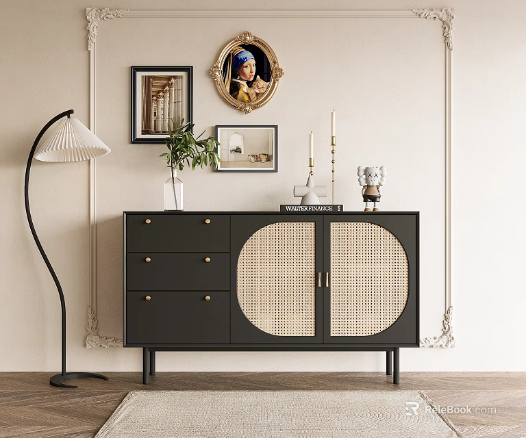 Modern Black Console Sideboard Cabinet With Rattan Doors Drawers Floor Lamp And Mirror 3d model 