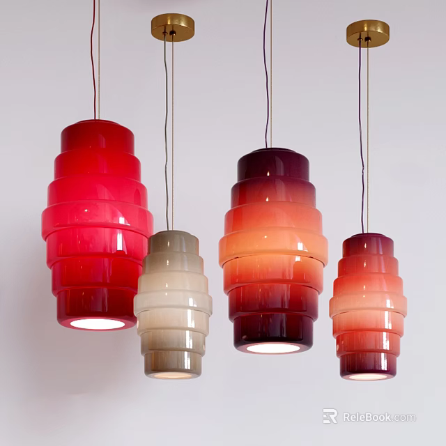 Colorful Layered Cylindrical Modern Pendant Lights With Red Beige Purple Orange Gradient Design 3d model 
