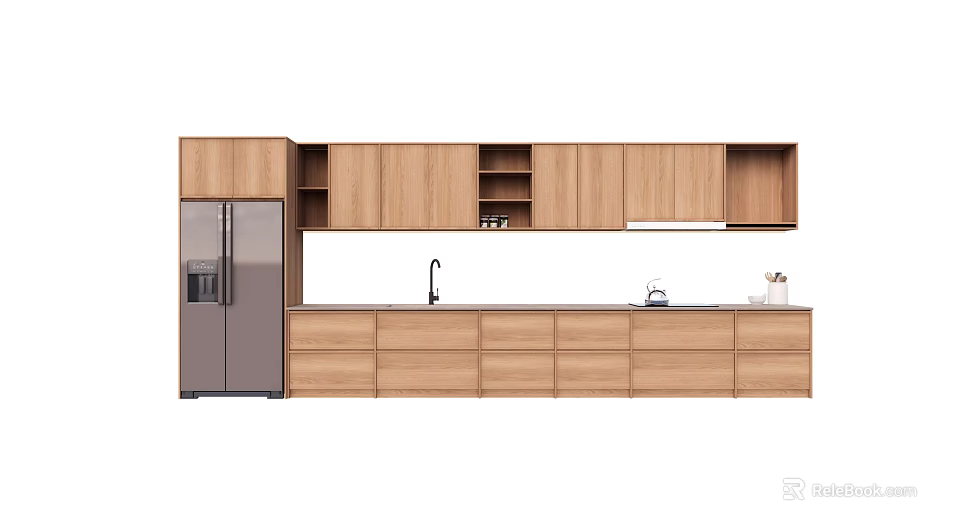Modern Kitchen Interior With Wooden Cabinets Refrigerator Sink And Countertop 3d model 
