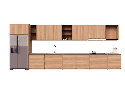 Modern Kitchen Interior With Wooden Cabinets Refrigerator Sink And Countertop 3d model
