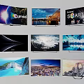 Various Curved Smart TVs With Scenic Ocean City And Mountain Screen Displays