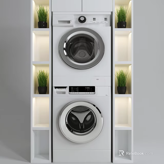 Bathroom Cabinet Rack With Stacked Washing Machines White Shelves And Potted Plants 3d model 