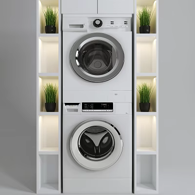 Bathroom Cabinet Rack With Stacked Washing Machines White Shelves And Potted Plants 3d model