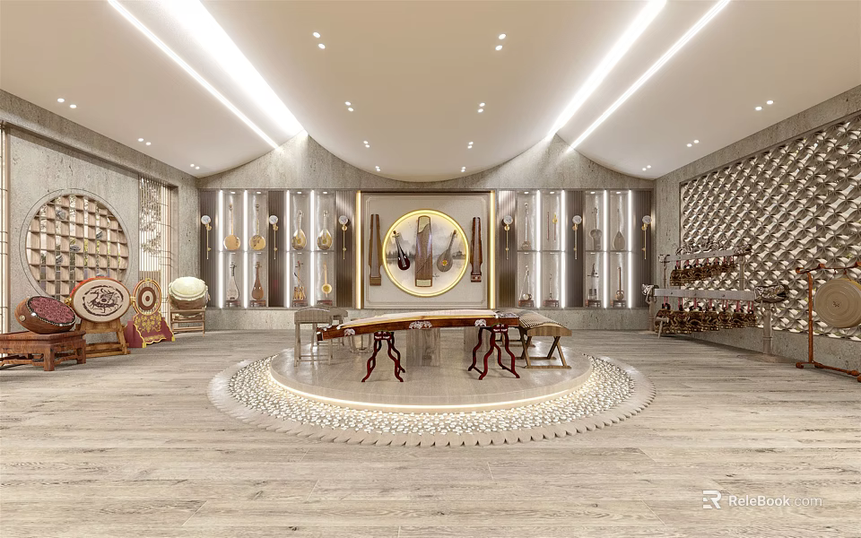 Elegant Modern Boutique Store Interior With Display Shelves Round Decor And Wooden Floor 3d model 