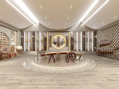 Elegant Modern Boutique Store Interior With Display Shelves Round Decor And Wooden Floor 3d model