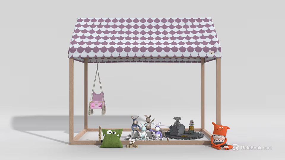 Colorful Kids Playroom Interior With Purple White Scalloped Canopy Swing And Toys 3d model 