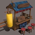 Wooden Commercial Food Stall Equipment With Blue Roof Red Awnings Red Stools And Grill