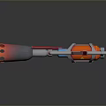 3D Rendered Sci Fi Weapon With Orange Gray Body Red Grip And Blue Glowing Nozzle