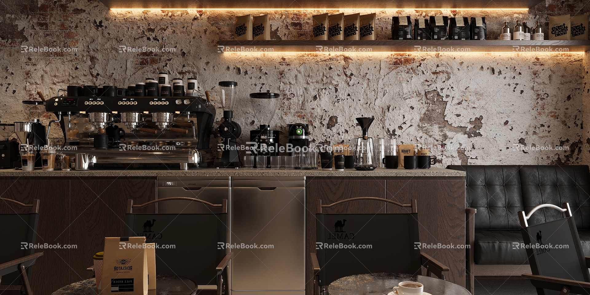 Industrial Style Shabby Coffee Shop Coffee Machine Grinder Soybean Milk Machine Paper Cup Milk Tea Industrial Chandelier Vintage Leather Sofa Transparent Single Chair Camping Chair 3d model