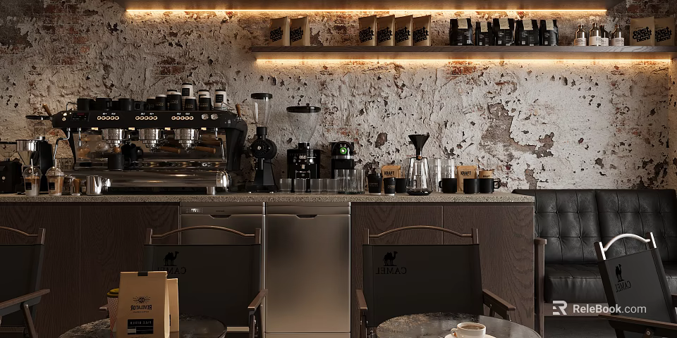 Cozy Café Interior With Coffee Machine Beans On Rustic Textured Wall Shelves And Tables 3d model 