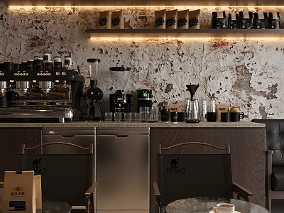 Cozy Café Interior With Coffee Machine Beans On Rustic Textured Wall Shelves And Tables 3d model