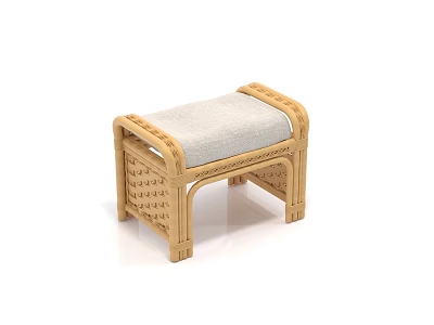 Natural Wooden Stool With Woven Side Design And Light Fabric Seat 3d model