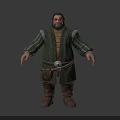 Bearded Medieval Fantasy Man In Green Tunic With Striped Sleeves Brown Belt Leather Pouch And Boots
