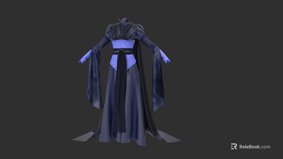 Dark Colored Flowy Robe Clothing With Wide Sleeves Blue Belt And Diamond Pattern 3d model 