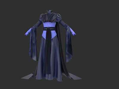 Dark Colored Flowy Robe Clothing With Wide Sleeves Blue Belt And Diamond Pattern 3d model