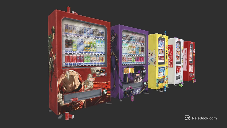Colorful Vending Machines In A Row With Various Beverages And Designs 3d model 