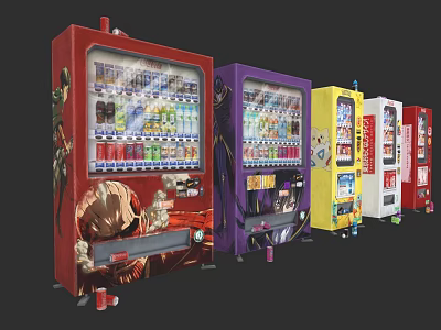 Colorful Vending Machines In A Row With Various Beverages And Designs 3d model
