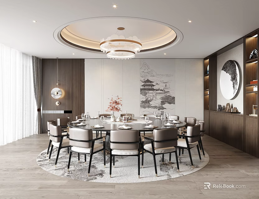 Elegant Modern Private Dining Room Interior With Round Table Chandelier And Decorative Painting 3d model 