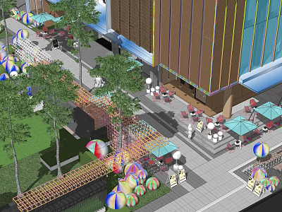 Modern Commercial Landscape With Outdoor Seating Colorful Decorations Greenery And Pedestrian Area 3d model
