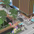 Modern Commercial Landscape With Outdoor Seating Colorful Decorations Greenery And Pedestrian Area