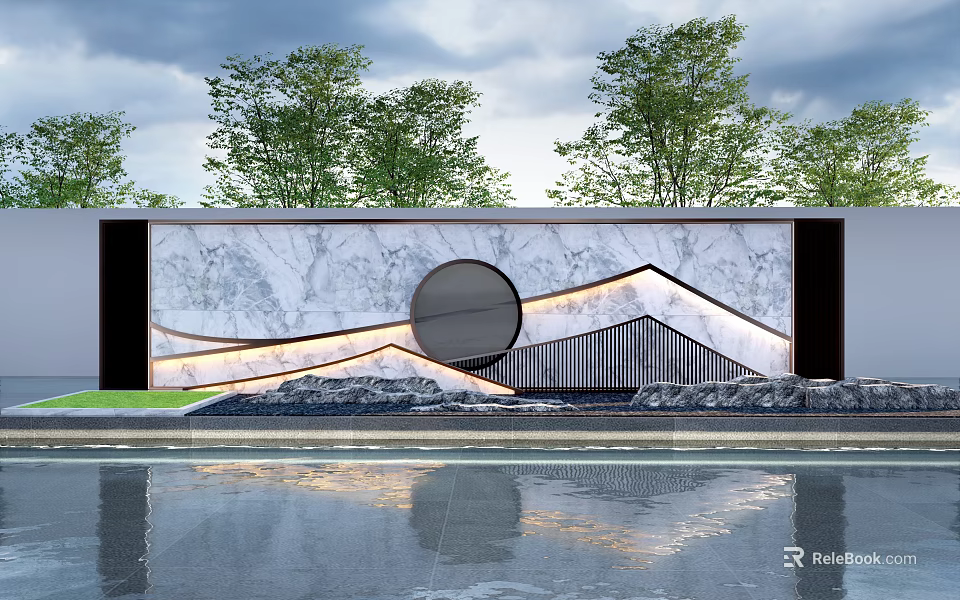 Illuminated Modern Feature Wall With Marble Texture Circular Design Mountain Pattern And Water Reflection 3d model 
