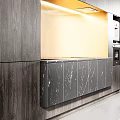 Sleek Dark Wooden Kitchen Cabinets With Golden Countertop And Built-in Appliances