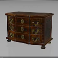 Vintage Wooden Chest of Drawers with Golden Handles and Classic Decorative Carved Details