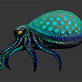 Turquoise Octopus with Spotted Body Yellow Eyes and Long Tentacles on Dark Background with Reflection