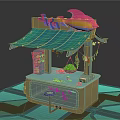 Vibrant Fish Seafood Stall Featuring Blue Awning Colorful Fish Decoration And Customer Stool