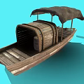 Traditional Wooden Water Transportation Boat With Brown Canopy And Large Wooden Wheel