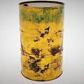 Industrial Equipment Yellow Metal Barrel with Worn Paint and Red Radioactive Warning Symbol