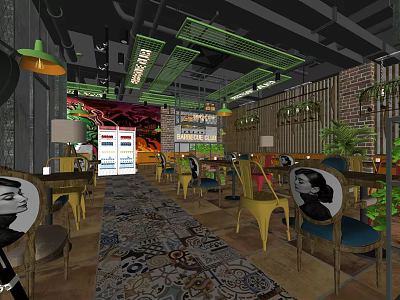 Modern Restaurant Interior With Colorful Chairs Brick Walls Green Ceiling And Patterned Carpet 3d model