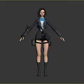 Sci Fi Female Character With Black Coat Short Skirt Boots And Blue Accents Gear