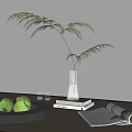 Modern Decorative Accessories Set With Clear Vase Green Fern Black Tray Fruits Books And Magazine