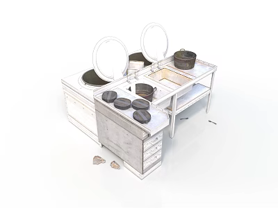 Double Stove Kitchen Countertop Setup With Pots Drawers And Cooking Utensils 3d model