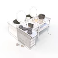 Double Stove Kitchen Countertop Setup With Pots Drawers And Cooking Utensils